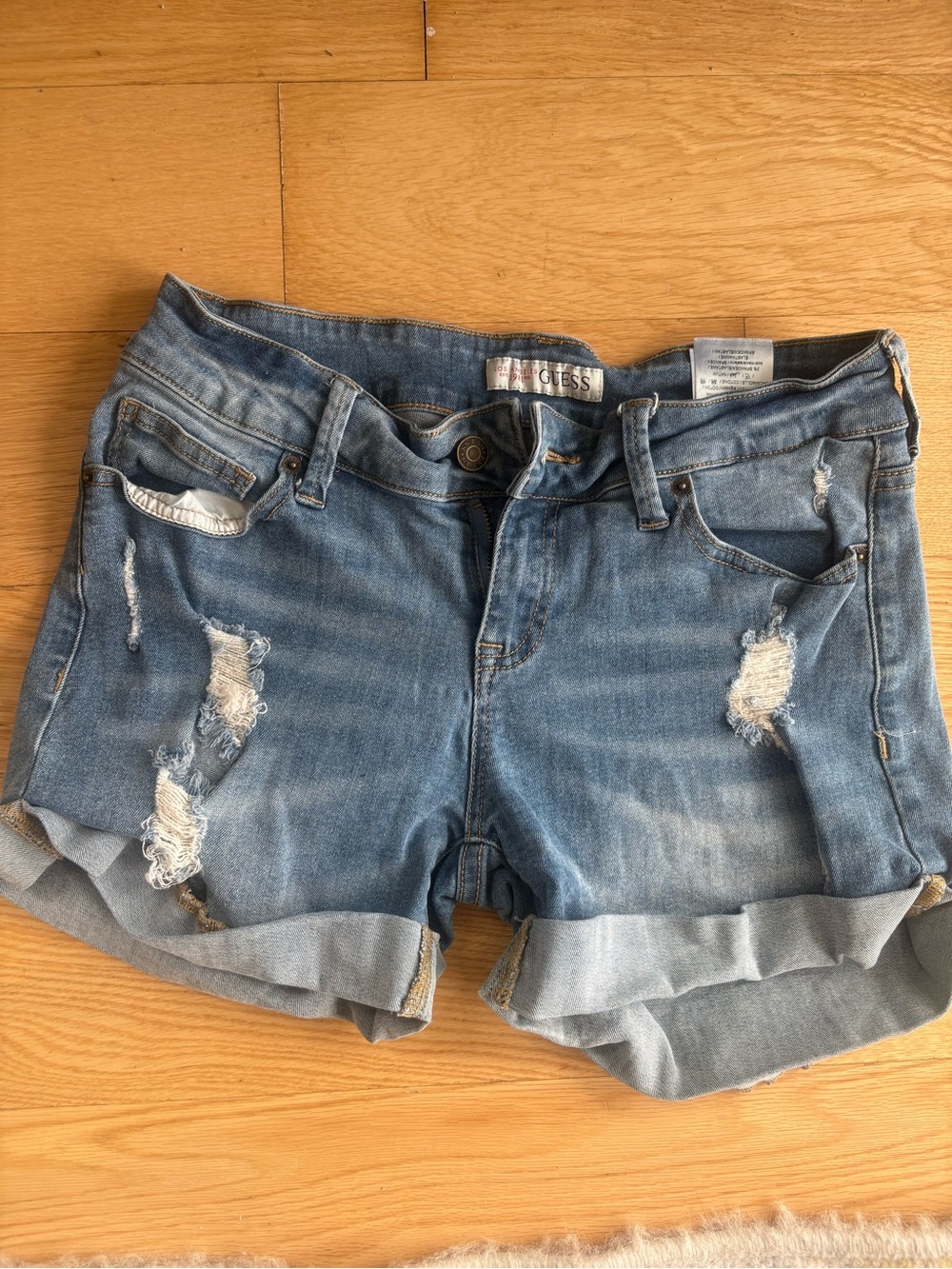 GUESS Light Blue Distressed Denim Roll-Cuff Women's Shorts